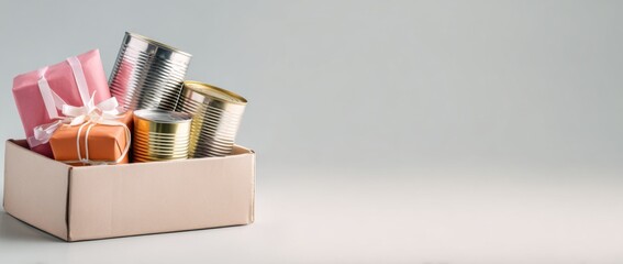 box with canned goods and gifts orange background