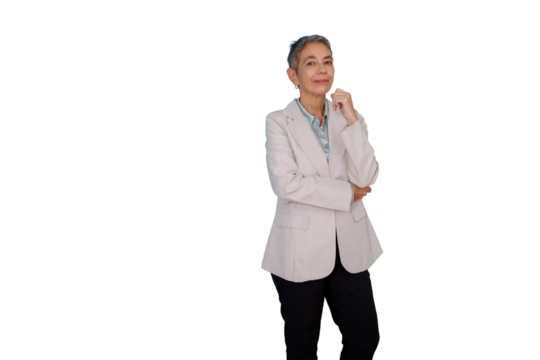 Senior businesswoman thinking, contemplating business strategy, having an idea, confident professional on transparent background - Powered by Adobe