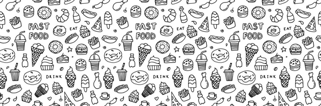 Seamless fast food doodle background with hamburgers, sandwiches and snacks. Vector pattern perfect for restaurant menus, delivery services and food packaging. Black and white illustration