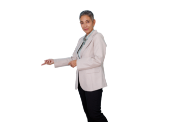 Senior asian businesswoman pointing and presenting to the left side, indicating, gesturing, explaining something on transparent background