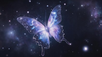 A luminous butterfly with galaxy wings floats against a starry cosmic background