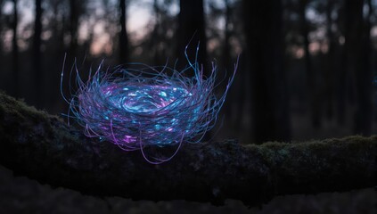 Glowing nest-like structure perched on a branch in a dark forest
