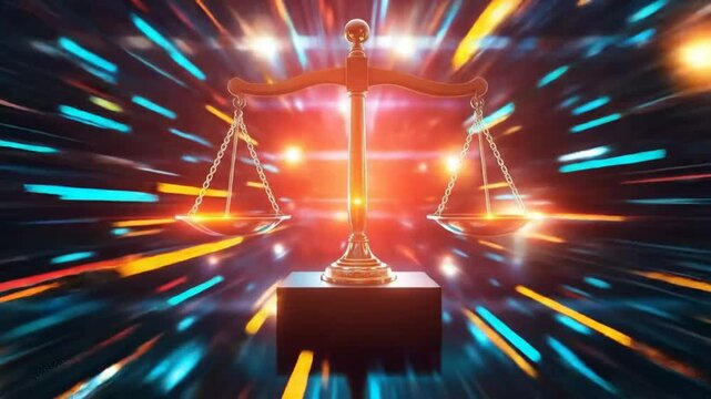Bright digital scales symbolize balance and justice in a shining technological landscape. 4k video