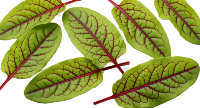 A close up view of several sorrel leaves with red veins on a transparent background in sharp focus