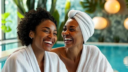 Joyful friends relaxing by the poolside in luxurious spa setting, smiling vibrantly in matching towels
