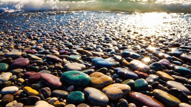 Colorful pebbles on a beach with sunlight reflections