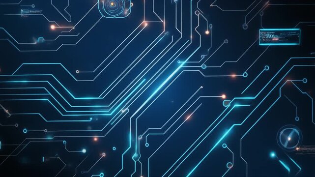 High-Tech Corporate Intro: Circuit Board Vector Lines, Lighting Nodes, and Floating Digital Interface with Camera Glide