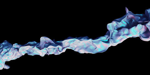 Vibrant 3D-rendered wavy ribbon of flowing silk fabric in iridescent turquoise and pink hues floats against a stark black background. Conceptual illustration for fluidity and dynamic motion.