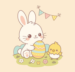 Cute Easter Bunny Holding Egg with Chick – Pastel Kawaii Spring Illustration (Vector)