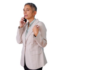 Senior businesswoman communicating on phone call, having a business conversation, professional executive networking