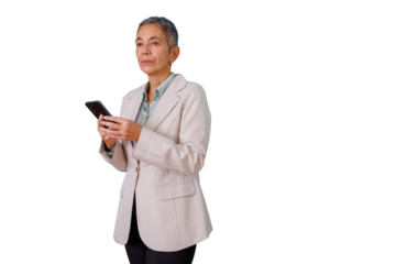 Senior businesswoman using smartphone, connecting, communicating, managing her business, on a transparent background