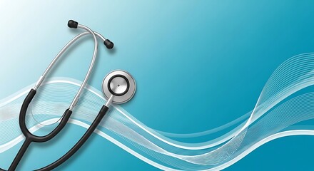 Medical stethoscope on a gradient blue background with flowing white abstract lines, offering clean copy space for healthcare themes.