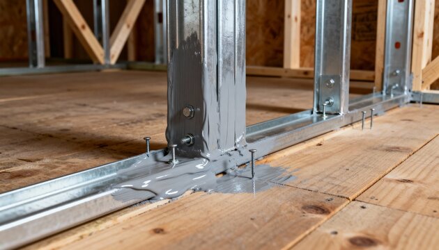 Medium shot of painted steel studs being secured to the floor emphasizing protective coating on metal supports during residential wall framing.