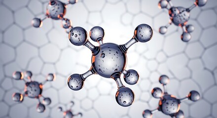 Transparent molecular structure with clear spheres and liquid droplets, reflecting light against a blurred hexagonal grid, representing advanced science, chemistry, and biotechnology research.