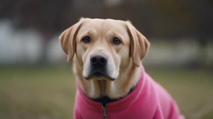Close-up portrait of a yellow Labrador dog wearing a pink jacket outdoors.