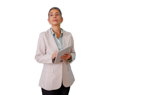 Mature businesswoman holding tablet and looking up, thinking about business success, transparent background - Powered by Adobe
