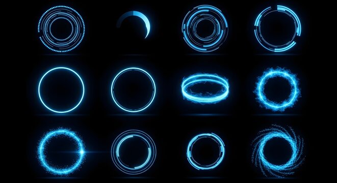 A collection of twelve futuristic blue glowing circular HUD elements and sci-fi portals on a black background.