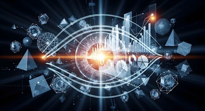 Futuristic digital eye interface displaying holographic data charts and geometric shapes.