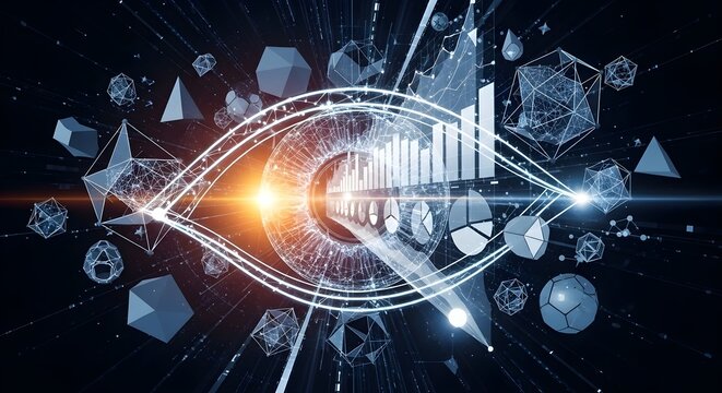 Futuristic digital eye interface displaying holographic charts and data visualizations.