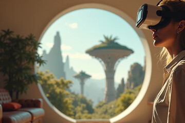 A person wearing a high-tech virtual reality headset is in a normal, sunlit living room, but a photorealistic portal in front of them reveals a breathtaking alien landscape,  with floating islands.
