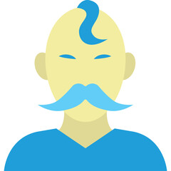 Stylized illustration of a bald man with a prominent blue mustache and a small blue tuft of hair on his head against a plain background with no discernible features suggesting defects or issues