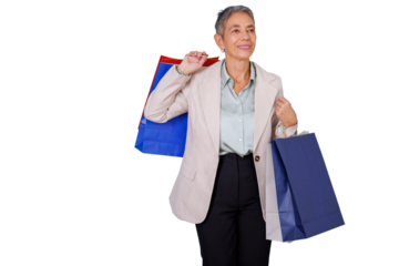 Senior woman carrying shopping bags, enjoying consumerism and retail, transparent background