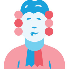 Stylized Portrait of a Figure in a Pink Robe and Blue Wig with Red and Pink Bobs Representing a Historical Personage or Legal Official in a Flat Design Aesthetic