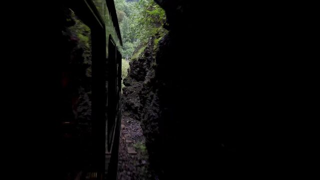 View of the Fl&aring;msbana Railway train in Norway from one of its windows, traveling through an area of ​​lush mountain nature and just entering a tunnel