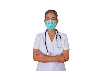 Senior female doctor wearing protective face mask and stethoscope, arms crossed, standing confidently, transparent background