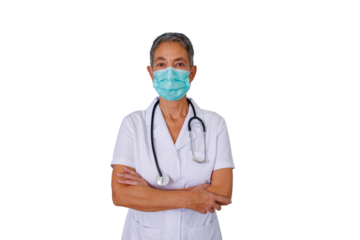 Senior female doctor wearing protective face mask and stethoscope, arms crossed, standing confidently, transparent background