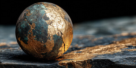 Cracked Gold Sphere on Stone
