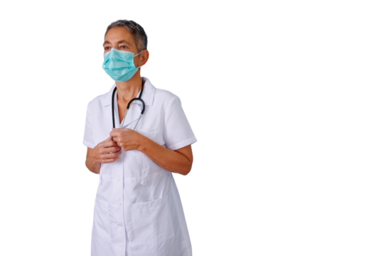 Mature female medical professional wearing a face mask and white lab coat, holding a stethoscope, on a transparent background - Powered by Adobe