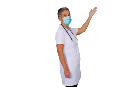 Senior woman doctor wearing mask and lab coat, presenting and gesturing, transparent background