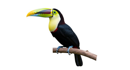 Naklejka premium Toucan, perched on a branch with vibrant beak and colorful plumage, isolated on a white or transparent background, cutout, PNG