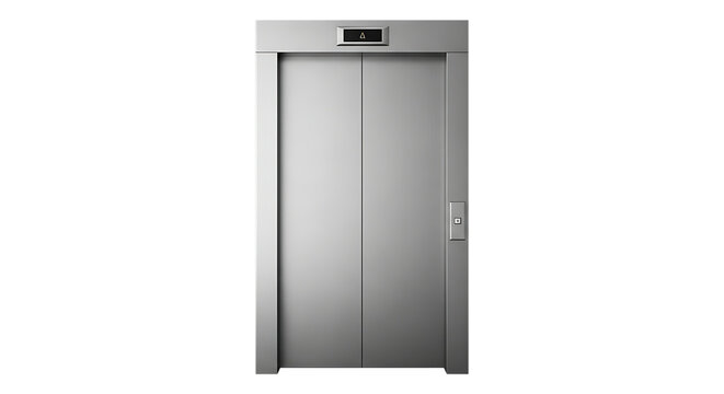 Closed modern silver elevator doors, with illuminated up arrow indicator and call button, isolated on a white or transparent background, cutout, PNG