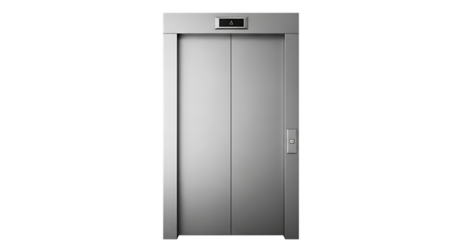 Closed modern silver elevator doors, with illuminated up arrow indicator and call button, isolated on a white or transparent background, cutout, PNG - Powered by Adobe