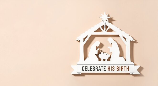 Minimalist Christmas nativity scene with birth of Jesus. Christian holiday background with message to celebrate his birth. Religious decoration with copy space
