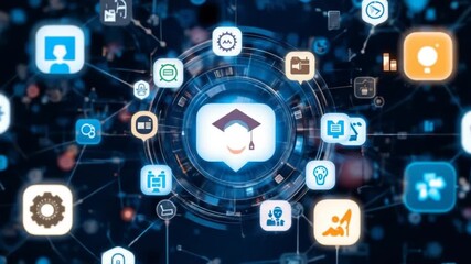 Concept of e-learning and online educational technology. digital interface with icons related to online education, symbolizing elearning, global connectivity, virtual classroom. 4k video - Powered by Adobe