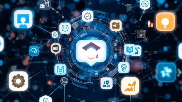 Concept of e-learning and online educational technology. digital interface with icons related to online education, symbolizing elearning, global connectivity, virtual classroom. 4k video