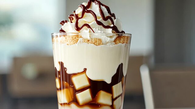 Delicate layering of a creamy chocolate parfait in glass on reflective surface