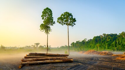 Deforestation landscape with cut trees and logs amidst green forest in morning light