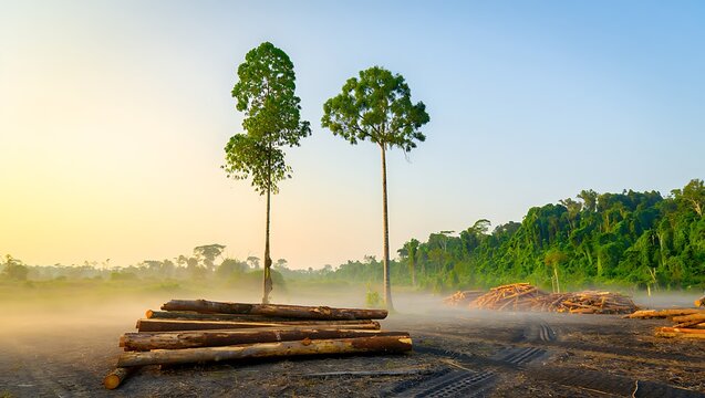 Deforestation landscape with cut trees and logs amidst green forest in morning light - Powered by Adobe