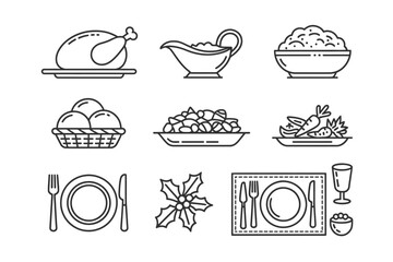 Festive Thanksgiving Dinner Icons Set in Elegant Line Art for Holiday Celebrations and Family Gatherings