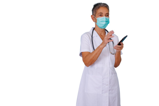 Senior scientist woman wearing face mask and lab coat holding smartphone, touching screen, transparent background