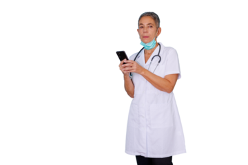 Senior female doctor wearing medical mask and stethoscope, using smartphone for healthcare communication on transparent background