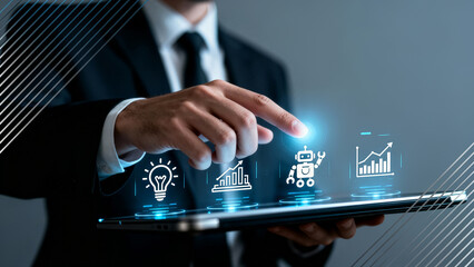 Businessman touches glowing icons representing innovation, data, and technology on a tablet. Contemporary office backdrop creates a professional atmosphere