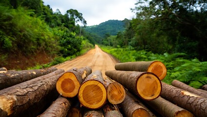 Freshly cut tree logs stacked near dirt road in a forest