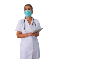 Healthcare professional woman in face mask and lab coat holding digital tablet, thinking. Transparent background
