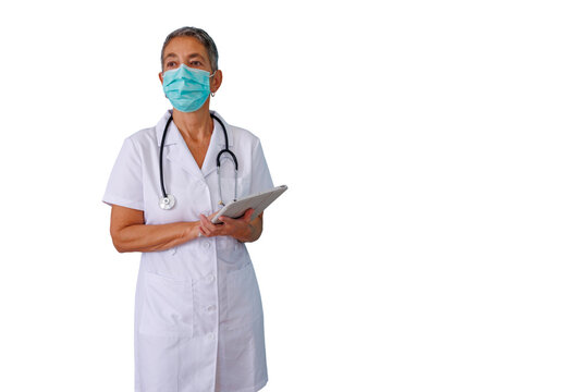 Healthcare professional woman in face mask and lab coat holding digital tablet, thinking. Transparent background
