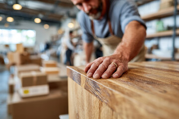 Craftsman working on wooden planks in workshop